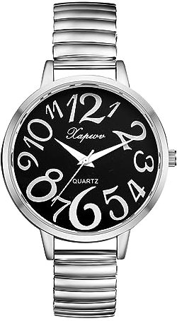 Silverora Damenuhr Elastisch Uhr Damen- Groß Schwarz Zifferblatt Analoge Quarz Uhren mit Elastische Band Klare Leicht lesbare Armbanduhr mit Arabische Zahlenskala Geschenke für Frauen Ältere Silber