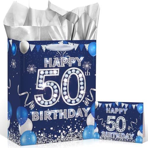Yoirrat Blaue Geschenktüte zum 50. Geburtstag mit Grußkarte, Geschenkpapier, Geschenktüten für Männer und Frauen, Partygeschenke und Zubehör