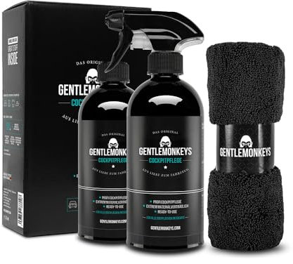 GENTLEMONKEYS Auto Cockpitpflege Set (500ml Cockpitreiniger + Microfasertuch + 500ml Nachfüllflasche) • Cockpit Pflege Auto • Innenraumpflege für Glanz & UV-Schutz • Biologisch abbaubar