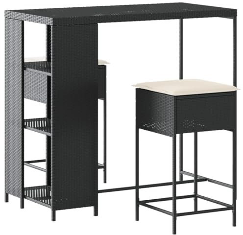 vidaXL Gartenbar Set 3-TLG., Gartenmöbel mit Kissen, Bartisch Stehtisch Barhocker Barstuhl, Theke Bar Tresen Gartentheke Sitzgruppe, Schwarz Poly Rattan