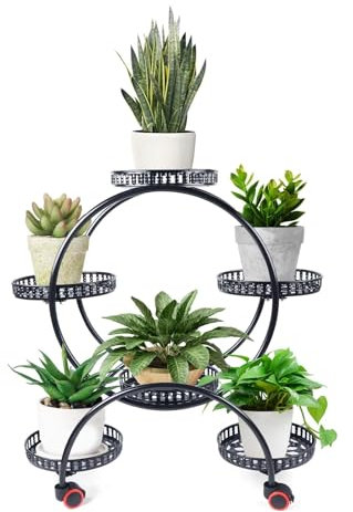 JMORCO Blumenständer Pflanzenständer aus Metall for 6 Blumentöpfe, Blumenständer for Terrasse, Garten, Wohnzimmer, Ecke, Balkon und Schlafzimmer (Schwarz/Weiß)(Black)