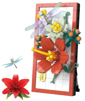 Blumen Bausätze für Erwachsene, Blumen Bausteine ​​Set Bilderrahmen integriert, Heimdekoration Bausteine ​​Set für Erwachsene, Geschenk zum Valentinstag oder für Frauen