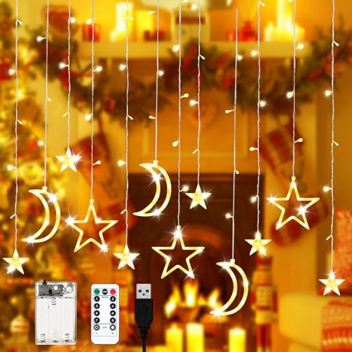 Sterne Vorhang Lichter, 3,5m Lichterkette Batterie, Lichterketten Vorhang, Stern Mond LED Lichterketten für Kinderzimmer Schlafzimmer Hochzeit Weihnachten, Ramadan, Partydekoration