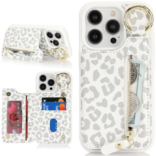 Zouzt for iPhone 15 Pro Max 6.7 Inch Wallet Case with Card Holder for Men Women, PU Leather Kickstand Credit Slots Case, Key Ring Flip Zipper Stand Shockproof Protective Phone Cover - White Leopard