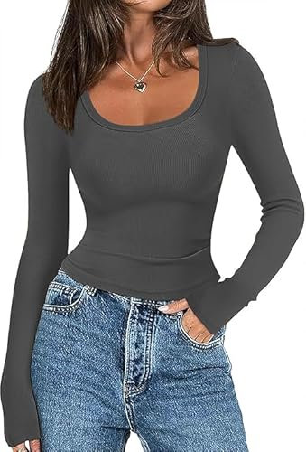 Zeagoo Women's Long Sleeve Shirts Casual Fall Top Basic Ribbed Knit T Shirts Y2K T Shirts Dark Grey M