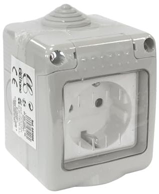 Base Schuko estanca IP55 16A 250V, protección contra agua y polvo, ideal para instalaciones exteriores y aplicaciones industriales.