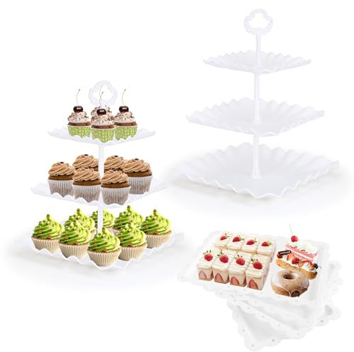 FARQAN 6 Pcs Dessert Table Display Set - 2 X Cupcake Stand Holder/Cup Cake Tier Tower & 4 X Serving Tray Combo for Tea Party, Birthday, Baby Shower (Square Pure White)