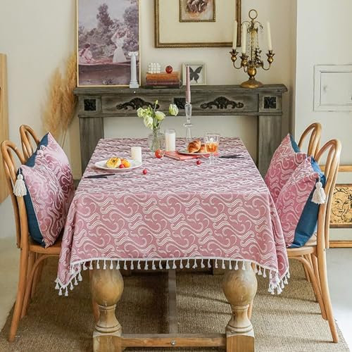 Calefee Tischdecke 135x240 cm Rechteckig, Tischdecke Leinen Fleckenschutz 6-8 Personen Wellenstickerei mit Quasten Tischwäsche für die Küche