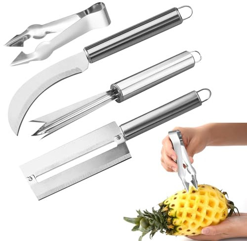 Ananasschneider Sparschäler Edelstahl,Ananas Schäler Enthält Ananasmesser,Zuckerrohrmesser,Klammer zum Entfernen der Kerne und Ananasgabel,Bananenschneider für Ananas,Zuckerrohr,Banane(4 Stück)