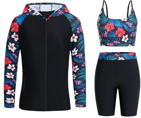 Owntop Womens 3-Piece Rash Guard | UPF50+ Swimsuits Hooded UV Shirt | Long Sleeve Zipper Rashguard Shirts & Bikini Top & High Waist Boyshorts | Swimming Surfing Modest Swimwear | Green L