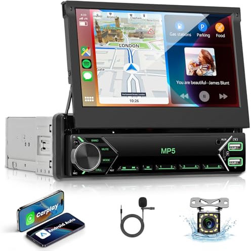VECHTEL Autoradio 1 DIN con Cable Carplay Android Auto, 7 Pulgadas IPS Bluetooth Radio de Coche Pantalla Táctil Plegable, Radio FM, Mirror Link, USB, SWC, Mic, Cámara Ttrasera