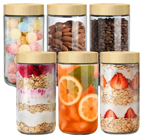 Lot de 6 bocaux Mason en verre de 700 ml avec couvercles à vis – Boîtes étanches pour avoine pendant la nuit, pots à salade et yaourt pour collations, céréales, café, épices, marinage et préparation