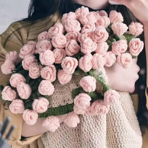 Crochet Flowers Rose Bouquet Blanket, DIY Handmade Rose Blanket, Crochet Rose Bouquet Blanket Material Kit, Soft and Lightweight Romantic Roses Flower Bouquets Knitted Throw Blankets (Pink-a)