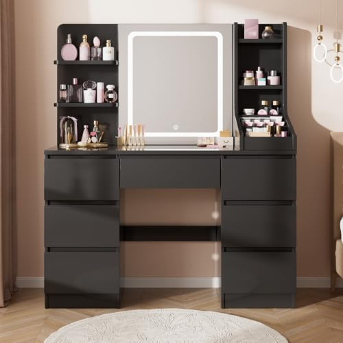 Airfish Große Schminktisch mit verstellbaren LED-Beleuchtung und Spiegel,Frisiertisch mit 7 Schubladen,4 Ablagen,3 Offenen Fächern,110x139x40cm,für Schlafzimmer (Schwarz Schminktisch)