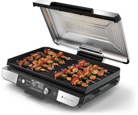 Ninja Sizzle Pro XL Indoor Grill & Flat Plate, Includes Non-Stick Ceramic Coated Grill Plate & Flat Top Plate, Detachable Lid, Grease Catch & Recipe Guide, Silver/Black GX101UK