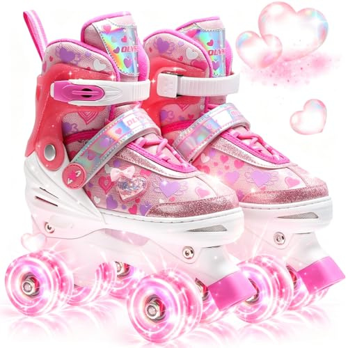 OLYSPM Rollschuhe Kinder Mädchen mit Glitzerherzen & Leuchträdern,4-Fach verstellbar, Roller Skates Kids für Anfänger,Geschenkidee zu Geburtstag Weihnachten