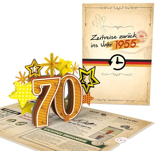 papercrush® Pop-Up Karte „Zurück ins Jahr 1955“ - Lustige 3D Geburtstagskarte zum 70. Geburtstag für Frau & Mann - Besondere Glückwunschkarte 70 Jahre mit lustigen Fakten zum Jahrgang