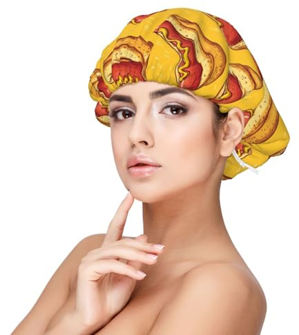 Sausage Hot Dog Print Satin Silk Bonnet for Sleeping Women, Adjustable Double Layer Satin Hair Bonnet Night Sleep Cap for Curly Hair