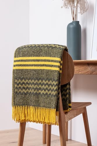 Drobė HOME Wolldecke aus 100% Reine Neuseeländischer Wolle, 140x200cm, Grau/Gelb I Weicher, Karierte Plaid Decke aus Schurwolle mit Fransen I Perfekt als Überwurf Sofadecke, Tagesdecke