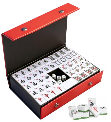 Weciau Mahjong Set, 144Pcs 3x2.26x1.6cm Mahjong Tiles, Portable Mahjong Game with 3 Dice, 2 Spare Tiles, Mahjong Set Full Size for Travel Family Party Leisure Fun