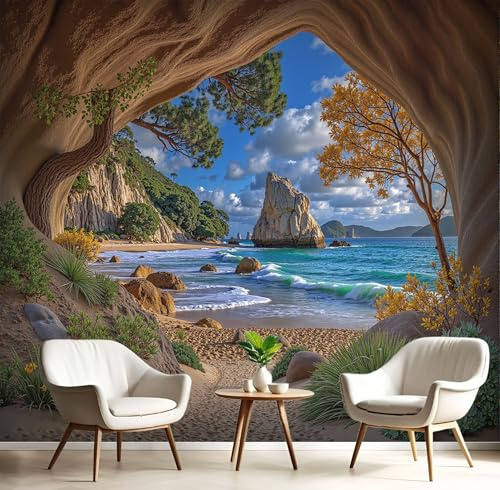 JEDTAKCT Plant Cave Wallpaper - Island Landscape Wall Mural 350X256Cm (W X H), Brown Premium Non-Woven Photo Wallpaper Mural for Bedroom, Living Room, Hallway, Home Decor