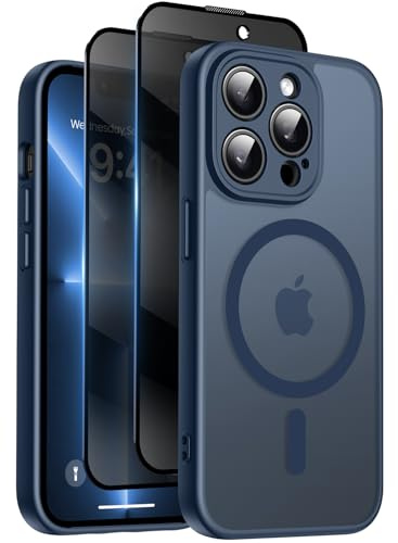 Qasyfanc for iPhone 13 Pro Case, Privacy Screen Protectors X2, Blue | Compatible with MagSafe, Camera Protection, 15FT Military Drop Protection, Translucent Matte Shockproof Phone Cover