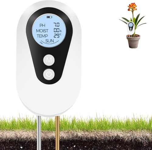 4-in-1 pH-Wert Messgerät Erde, Feuchtigkeitsmessgerät Pflanzen, Feuchtigkeitsmesser, Boden Tester für pH, Feuchtigkeit, Temperatur & Lux, einfache Bedienung, für Garten, Rasen, Balkon & Gewächshaus