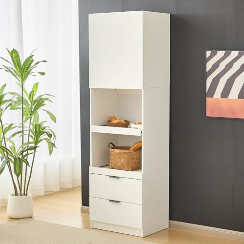 ModernLuxe Kitchen Sideboard Storage Cabinet, 200 cm Tall Pantry Cupboard with Drawers and Microwave Shelves, Freestanding Multifunctional Sideboard with Anti-Tip Protection for Dining Room, White