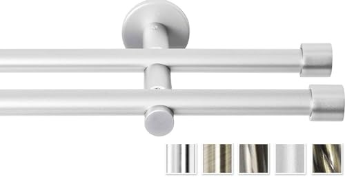 Rollmayer Gardinenstange Ø 16mm Crux Silber 160cm 2-läufig | Glänzend metall, Für Ösenvorhang, Ohne Ringe, Modern