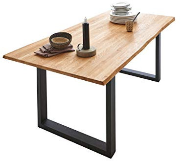 SAM Esszimmertisch 160 x 85 cm Seattle, Eichenholz massiv + geölt, Wildeiche, schwarzes U-Gestell aus Metall, pflegeleichter Baumkantentisch/Holztisch, Unikat mit echter Baumkante