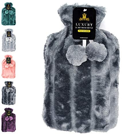 Hot Water Bottle with Cover Fluffy Super Soft Faux Fur Large 2 Litre (Grey)