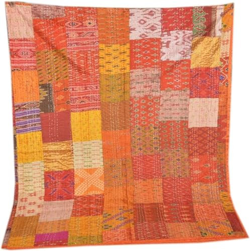 Sophia-Art Twin/King Indian Bettdecke Ethnic Throws Patchwork Indian Quilt Cover Alte böhmische Seide Saree Kantha Tagesdecke Vintage Patola Quilt (Orange, King 90 x 108)