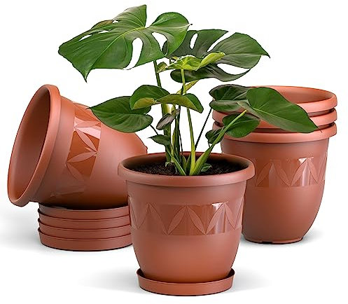 Plastard Blumentöpfe 5er Set 27 cm Durchmesser Terrakotta runder Pflanzkübel mit Untersetzer aus Kunststoff witterungsbeständiger Übertopf großer Blumentopf
