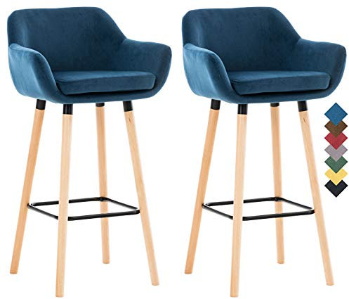 CLP 2er Set Barhocker Grant Mit Samtbezug I Thekenhocker Mit Vierfußgestell Aus Holz I Tresenhocker Mit Fußstütze, Farbe:blau