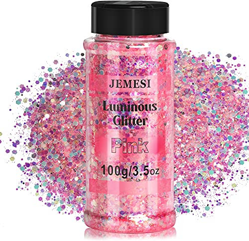 JEMESI Fluorescente Paillettes, 100g Glitter Iridescent, Fluorescente Chunky Glitter Perfetto per Resina Epossidica, Viso, Corpo, Pittura und Artigianato Fai-da-Te - Rosa