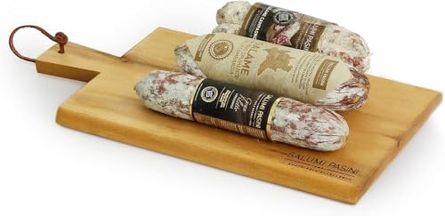 SALUMI PASINI IL GUSTO DELL'ECCELLENZA Emballage cadeau Tritico du Goût | 1 Salame Campagnolo 270 g + Grand Filetto 170 avec vin moussant de Lombardia planche à découper en acacia