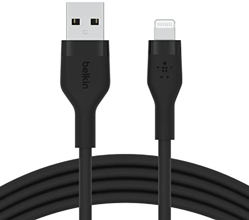 Belkin BoostCharge Flex Silicone USB Type A to Lightning Cable (2M/6.6FT), MFi Certified Charging Cable for iPhone 14/14 Plus, 13, 12, Pro, Max, Mini, SE, iPad and More – Black