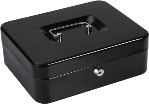 Primes DIY 8inch Metal Cash Box Steel Petty Cash Box Supplied with 2 Keys and Removable Change Tray in Black and Blue Perfect Secure Storage for Loose Change (Black)