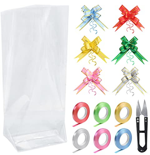 XYGK 30 Pcs Large Clear Cellophane Bags, Party Gift Treat Bags with 60 Pull Bows, 6 Ribbon Rolls and Scissors for Candy Cookie Birthday Wrapping Toy Christmas and Festivals(55cm × 35cm)