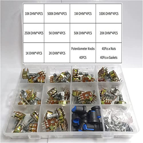 FASNA Potentiometer 160 Stück Wh148 15MM Dual Gang Stereo 6-Pin Potentiometer Kit 1k 2K 5k 10k 20k 50k 100k 500k 1M mit Knöpfen Single Set Wellenmuttern