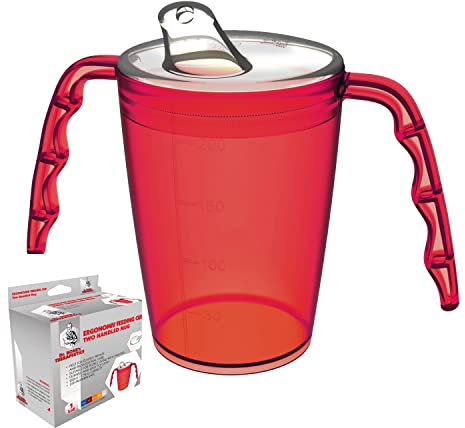 Two handled adult drinking cup 220 ml Red with spouted lid small opening plastic mug for enhanced ergonomics, mug for secure grip even with shaky hands drinking aid, cup for the care, feeding cup
