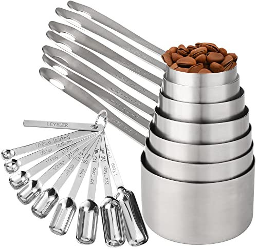 Kalsreui Messbecher und Löffel Set 18, 7 Edelstahl Messbecher-Set, 9 Gewürze lange Messlöffel mit 1 Nivellierer für Küche und Backen, 18/8 Stahl trockene metrische Messbecher & Löffel Set