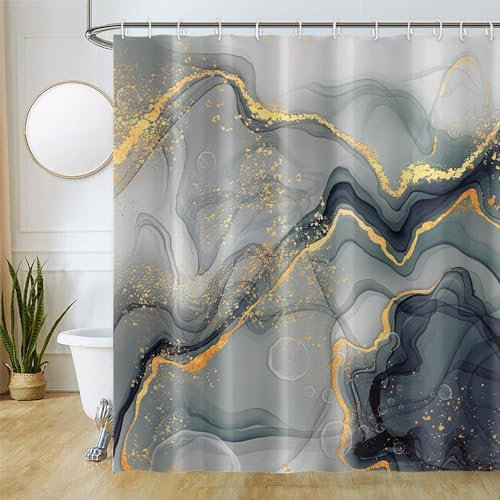 Uiiooazy Duschvorhang Marmor Grün, Duschvorhang Abstrakt Grau Marmoriert Duschvorhäng Anti Schimmel Wasserdicht Polyester Stoff Waschbar Blickdicht Bad Vorhang mit 12 Haken für Badezimmer 180Bx200Hcm