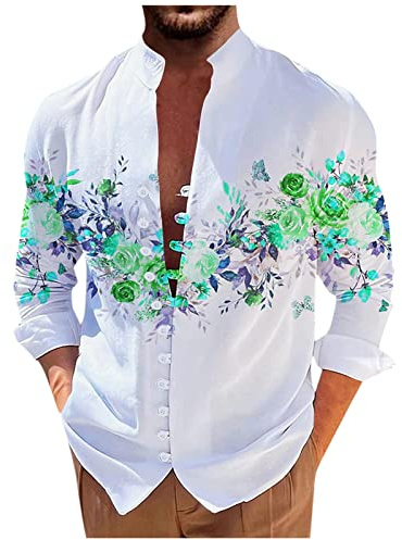 RMBLYfeiye Hemd Herren Langarm, Stehkragen Rose Druck Druckknopf Langarmshirt Loose Fit Hawaii Hemd Männer Lockere Henley Shirt Strandhemd Mittelalter Hemd Holzfällerhemd Herren Sommerhemd
