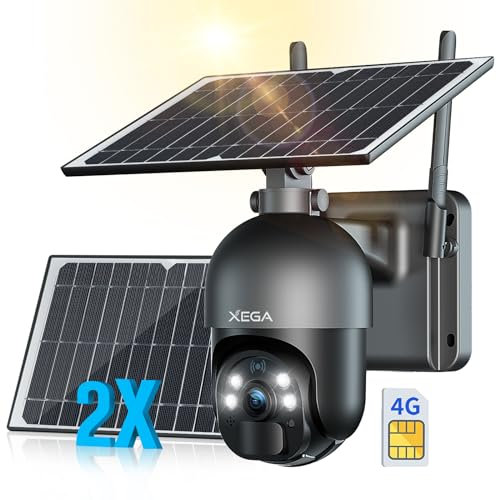 Xega【2 Solarpanels】 3G/4G LTE Überwachungskamera Aussen mit SIM Karte 2K HD 3MP PTZ Kabellos Kamera Outdoor PIR Erkennung Farb/IR Nachtsicht 2-Wege-Audio Cloud und TF-Karten IP66 Wasserdicht