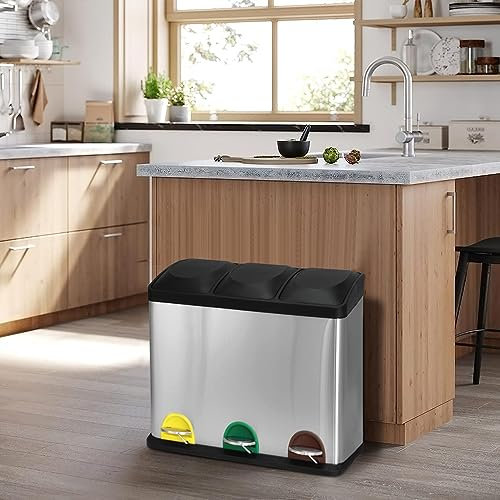 Panana Triple Rubbish Bin, Stainless Steel Triple Bucket Trash Can, 3 Compartment Step On Kitchen Garbage Recycling Bin, 45L, Silver