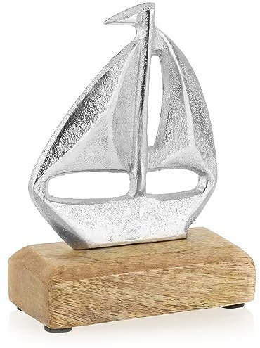 com-four® Maritimes Deko-Schiff aus Metall - Segelschiff mit Sockel aus Mangoholz - Deko-Figur zum Aufstellen - Segelboot als Raumdekoration (01 Stück - Segelboot klein)