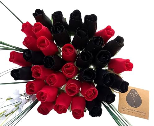 The Original Wooden Rose Rosenstrauß aus Holz, Schwarz und Rot, 3 Dutzend