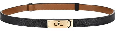 FENLDY Verstellbare, dünne Gürtel für Damen, schmale Gürtel für Kleider, einfarbig, Legierung, Drehverschluss für Jeans, Schwarzer Gürtel mit goldfarbener Schnalle, Universal