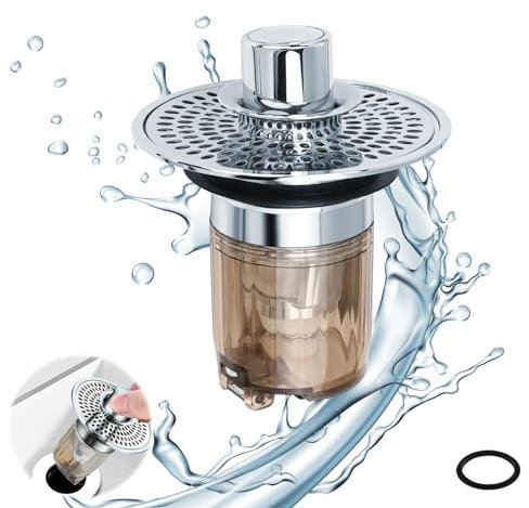 Tappo Lavandino Cucina, LNSYSNS Tappo Lavandino Bagno Tipo a Spinta, Tappi Lavandino Cucina Ottone, Filtrazione a Doppio Strato Tappo Bidet Antiodore e Antiinsetto per Foro di Drenaggio da 34-37 mm